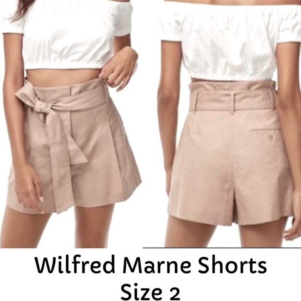 Aritzia Wilfred Marne High Waisted Tie Front Linen Blend Shorts Beige Tan Size 2